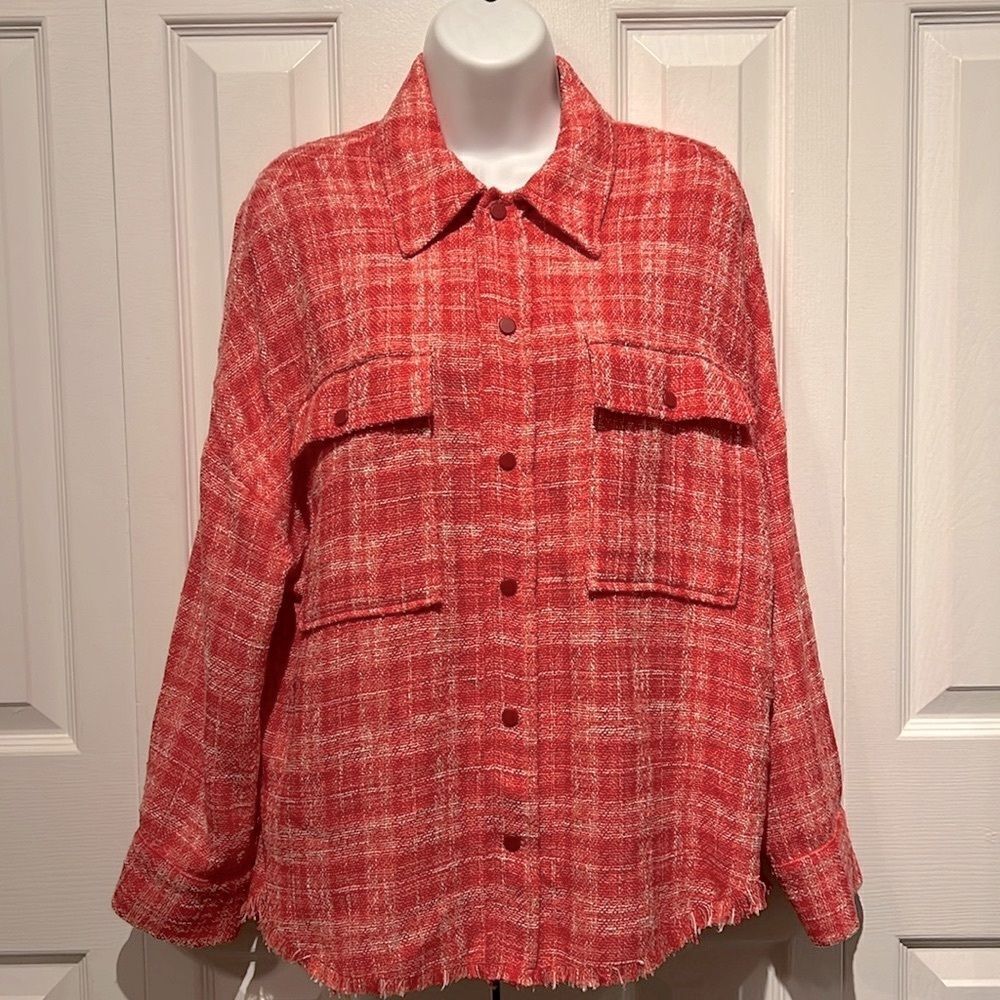 Zara Pink/White Tweed Woven Shirt Shacket Size S